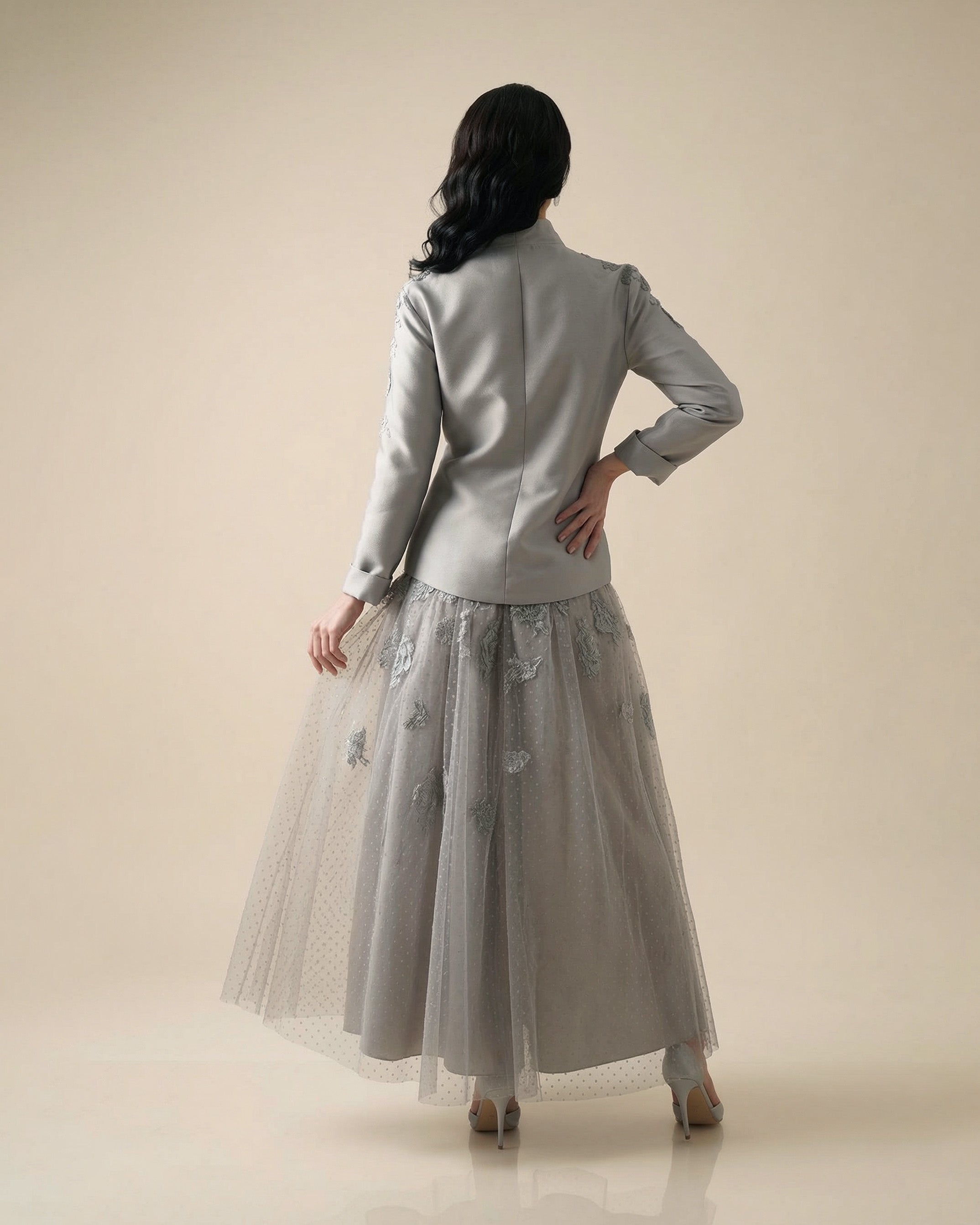 Amande Embellished Jacket & Tulle Skirt Set – Soft Grey