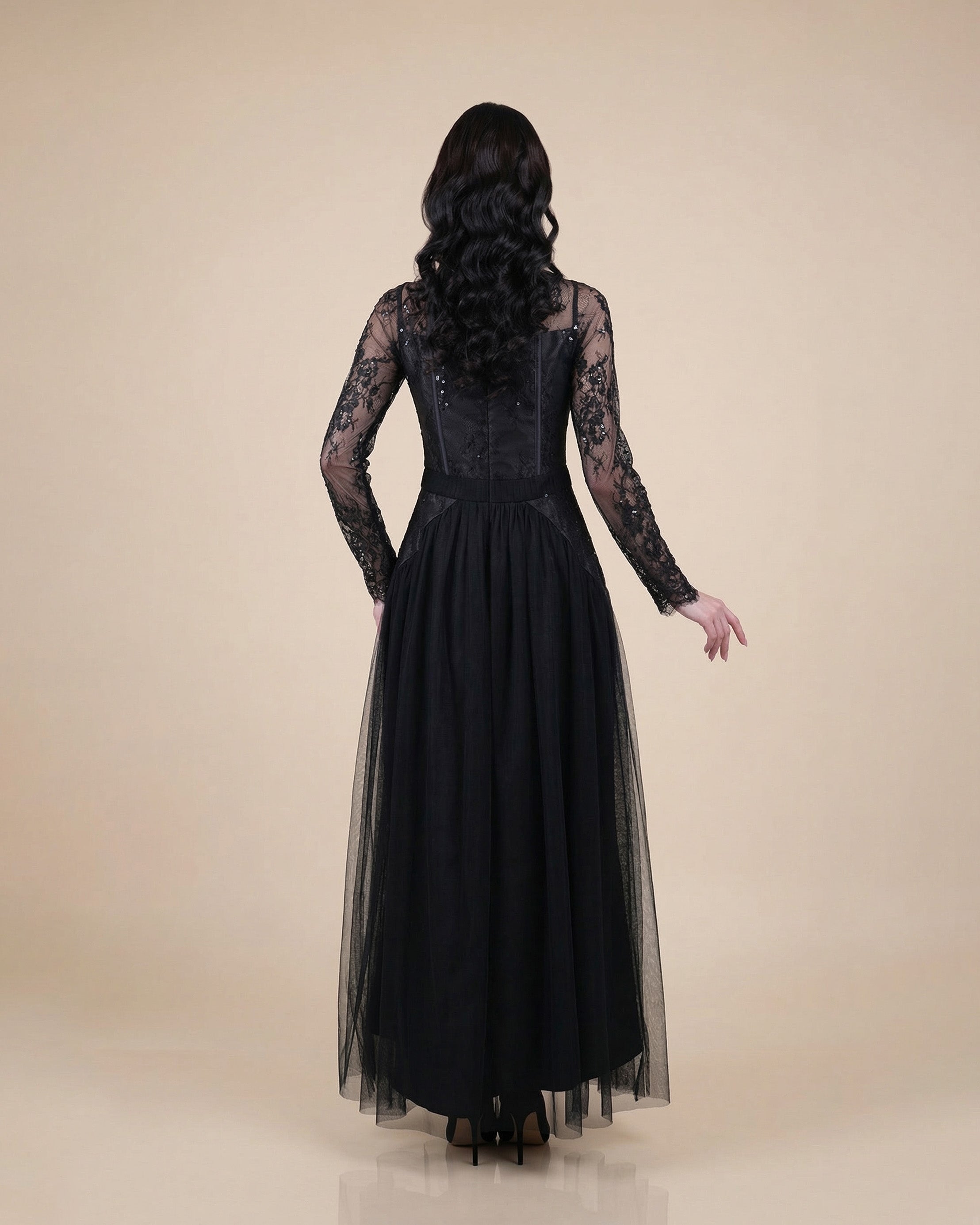 Noir Lace Embellished Maxi Dress – Black