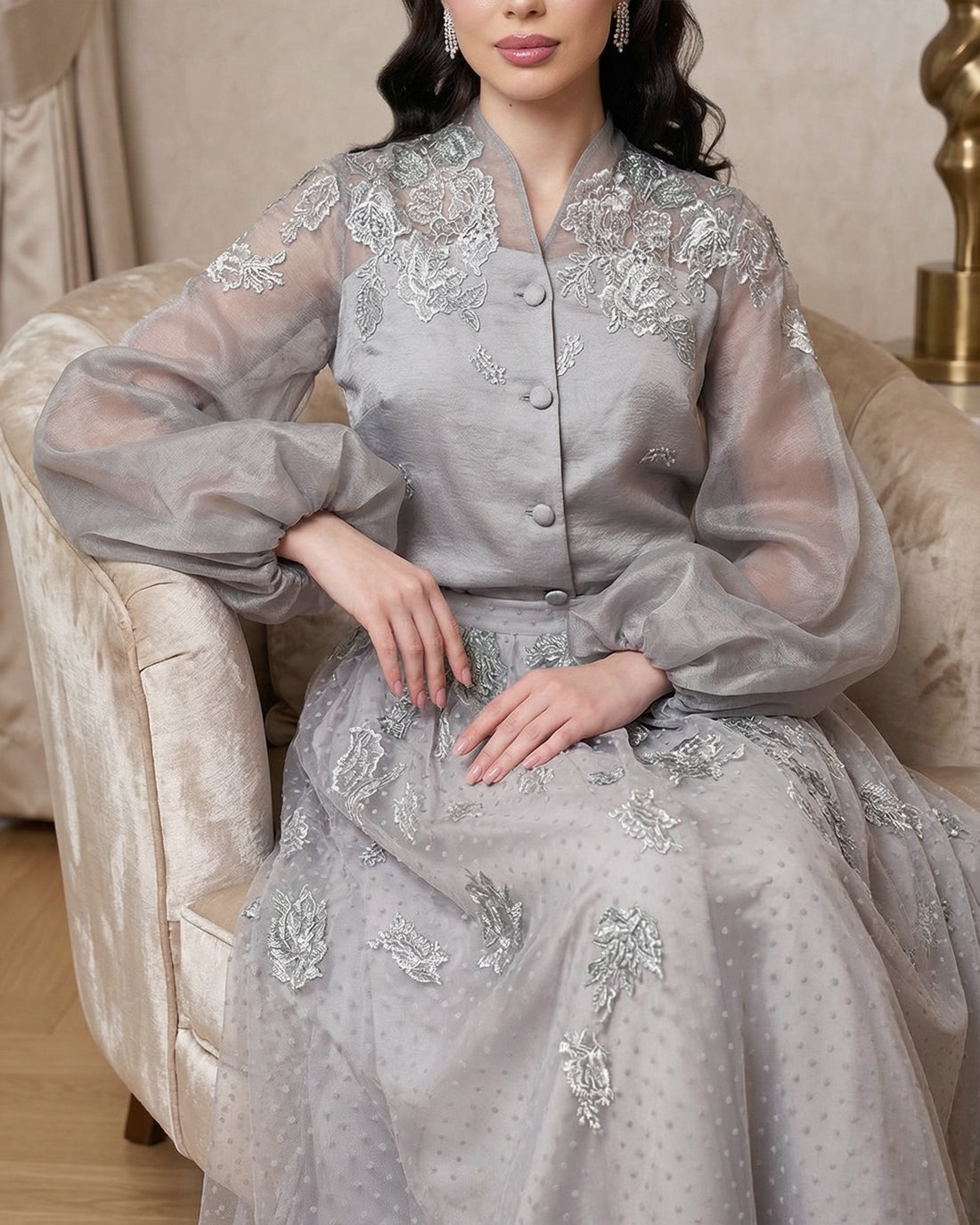 Elara Embellished Shirt & Tulle Skirt Set – Soft Grey