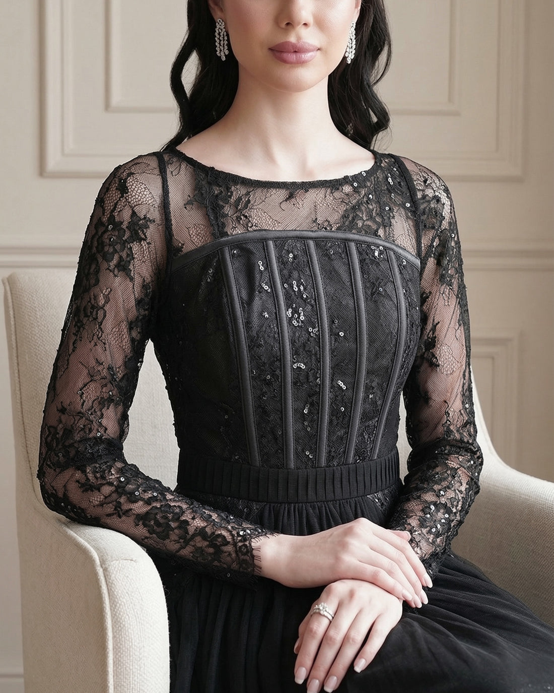 Noir Lace Embellished Maxi Dress – Black