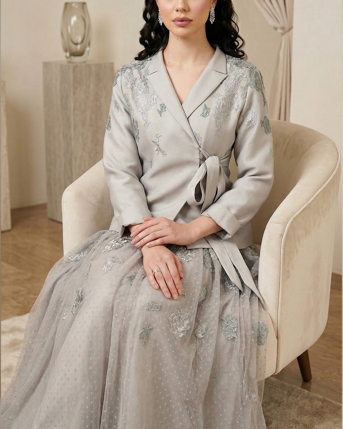 Amande Embellished Jacket & Tulle Skirt Set – Soft Grey