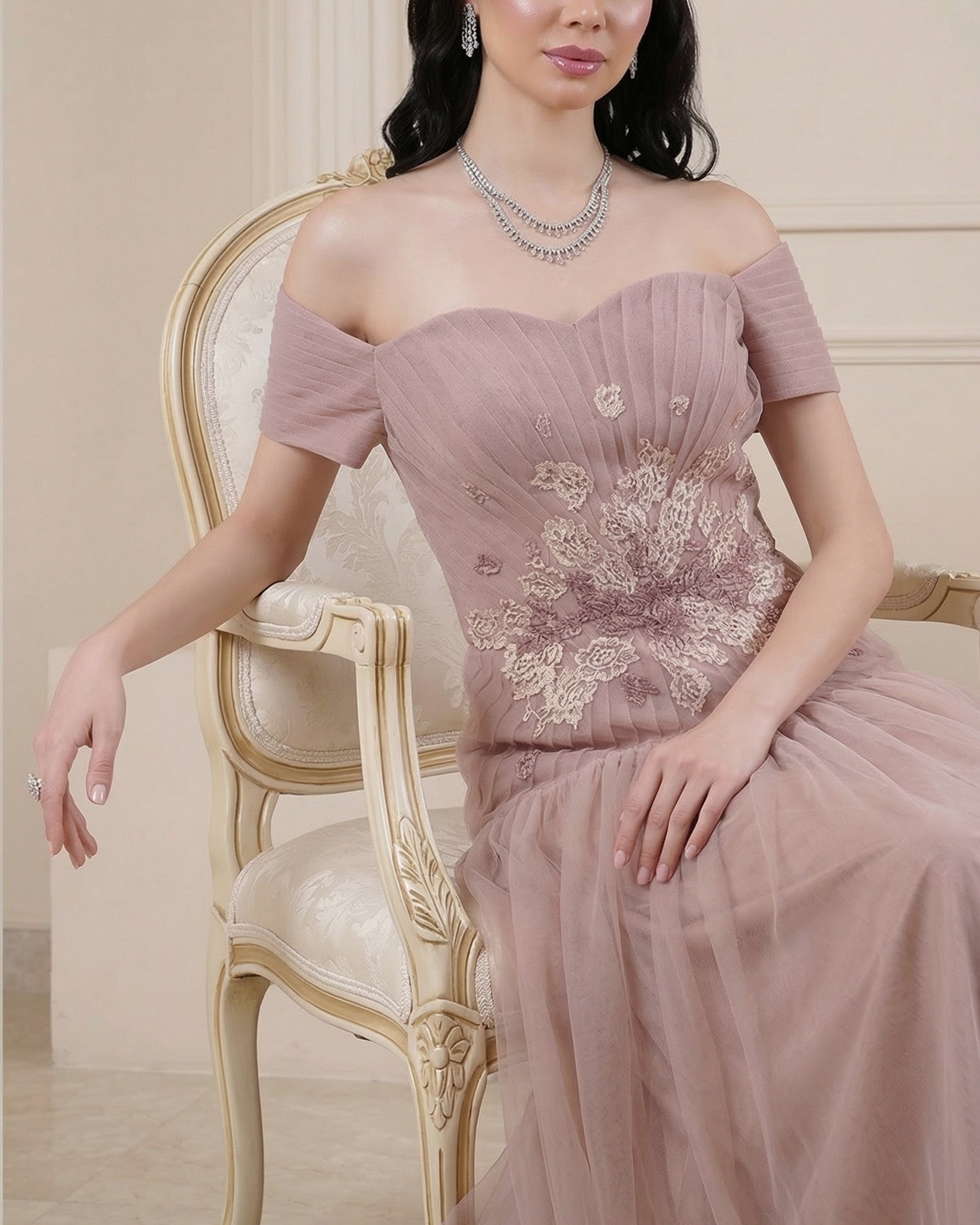 Luna Off-Shoulder Embellished Maxi Dress – Dusty Nude