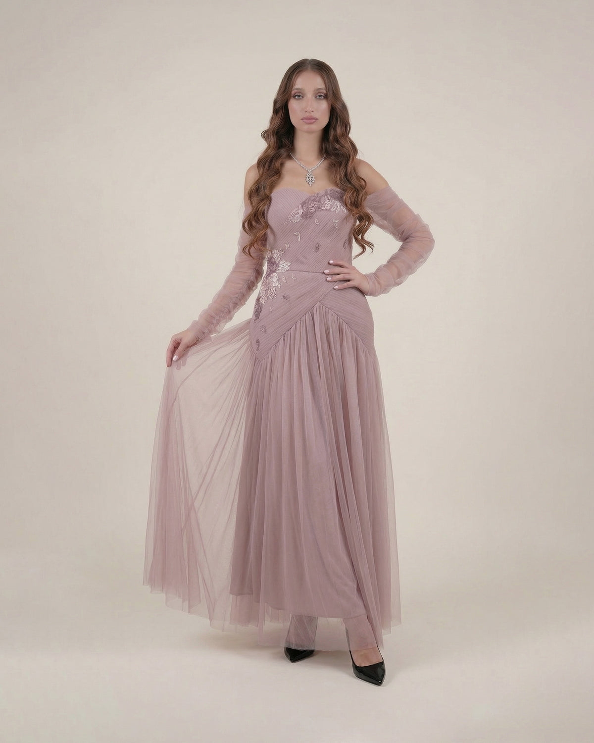 Grace Draped Tulle Maxi Dress – Dusty Rose
