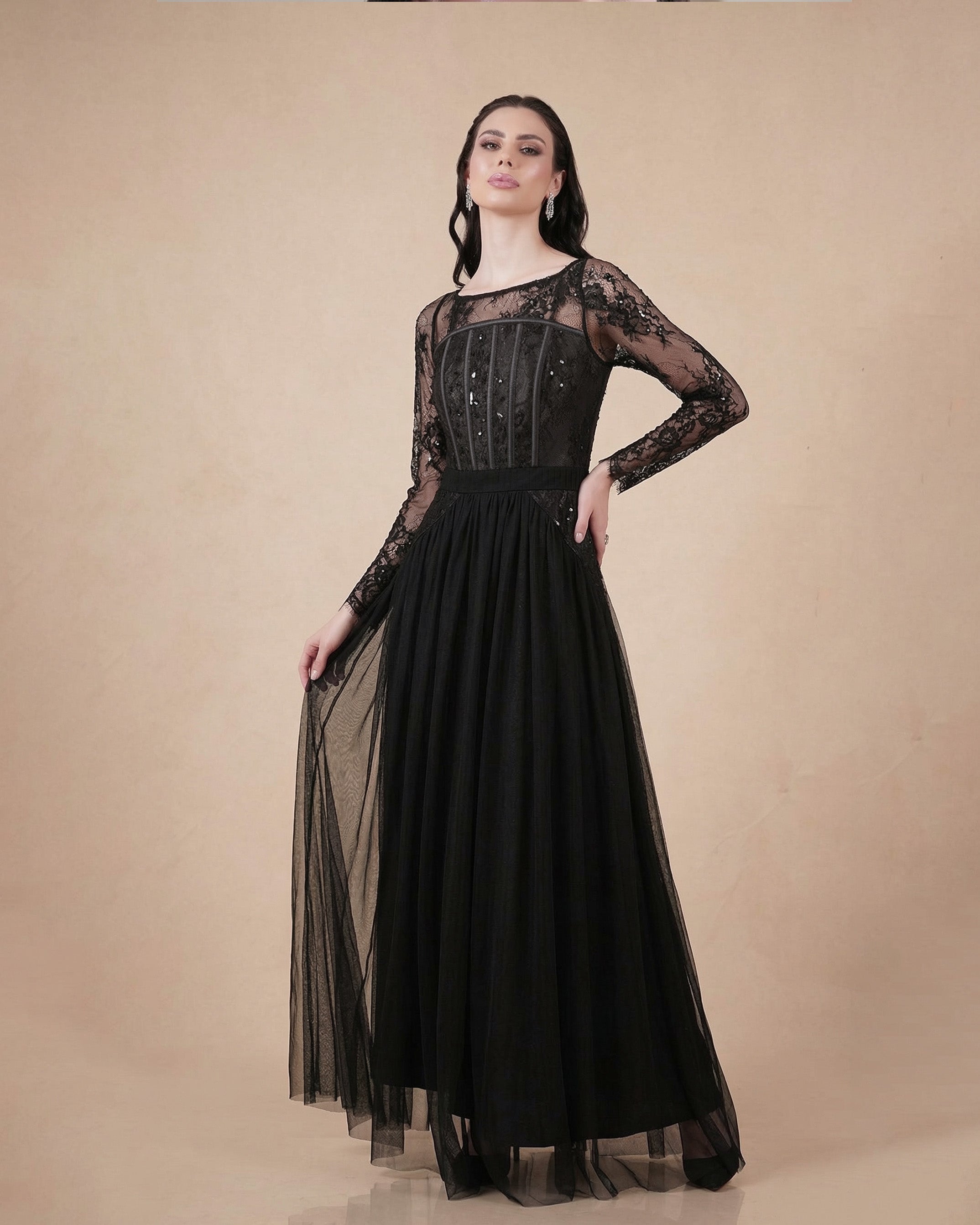 Noir Lace Embellished Maxi Dress – Black