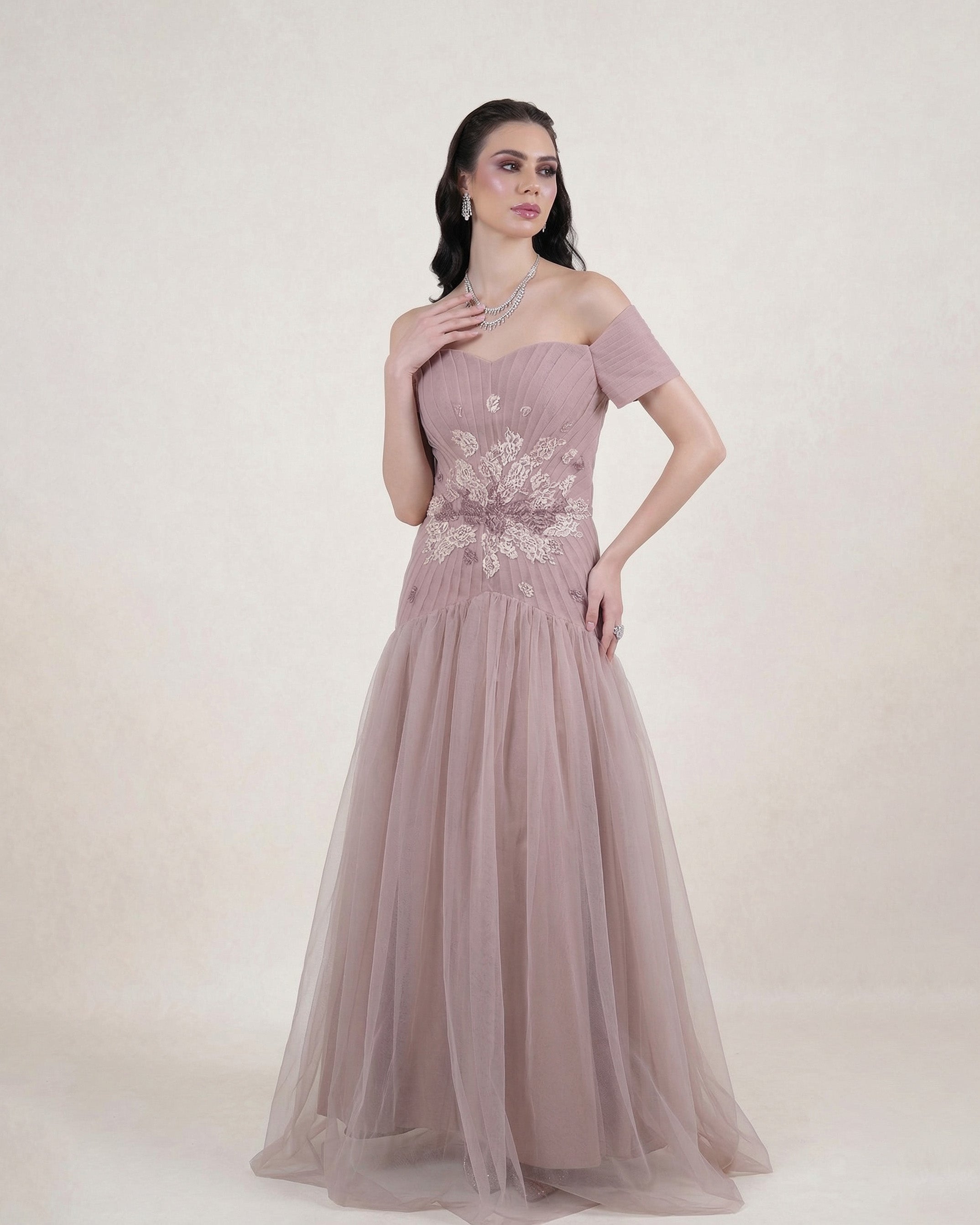 Luna Off-Shoulder Embellished Maxi Dress – Dusty Nude