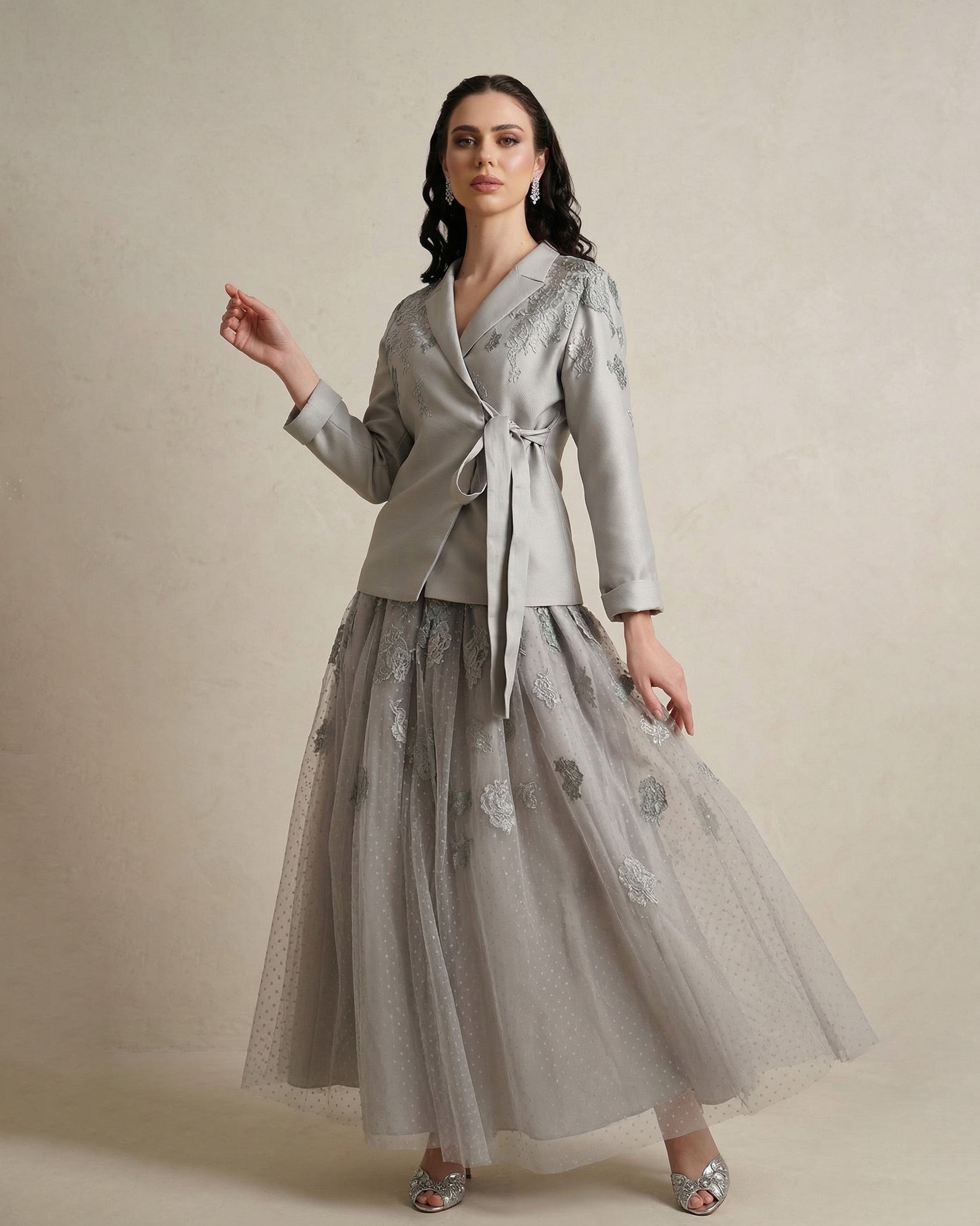 Amande Embellished Jacket & Tulle Skirt Set – Soft Grey