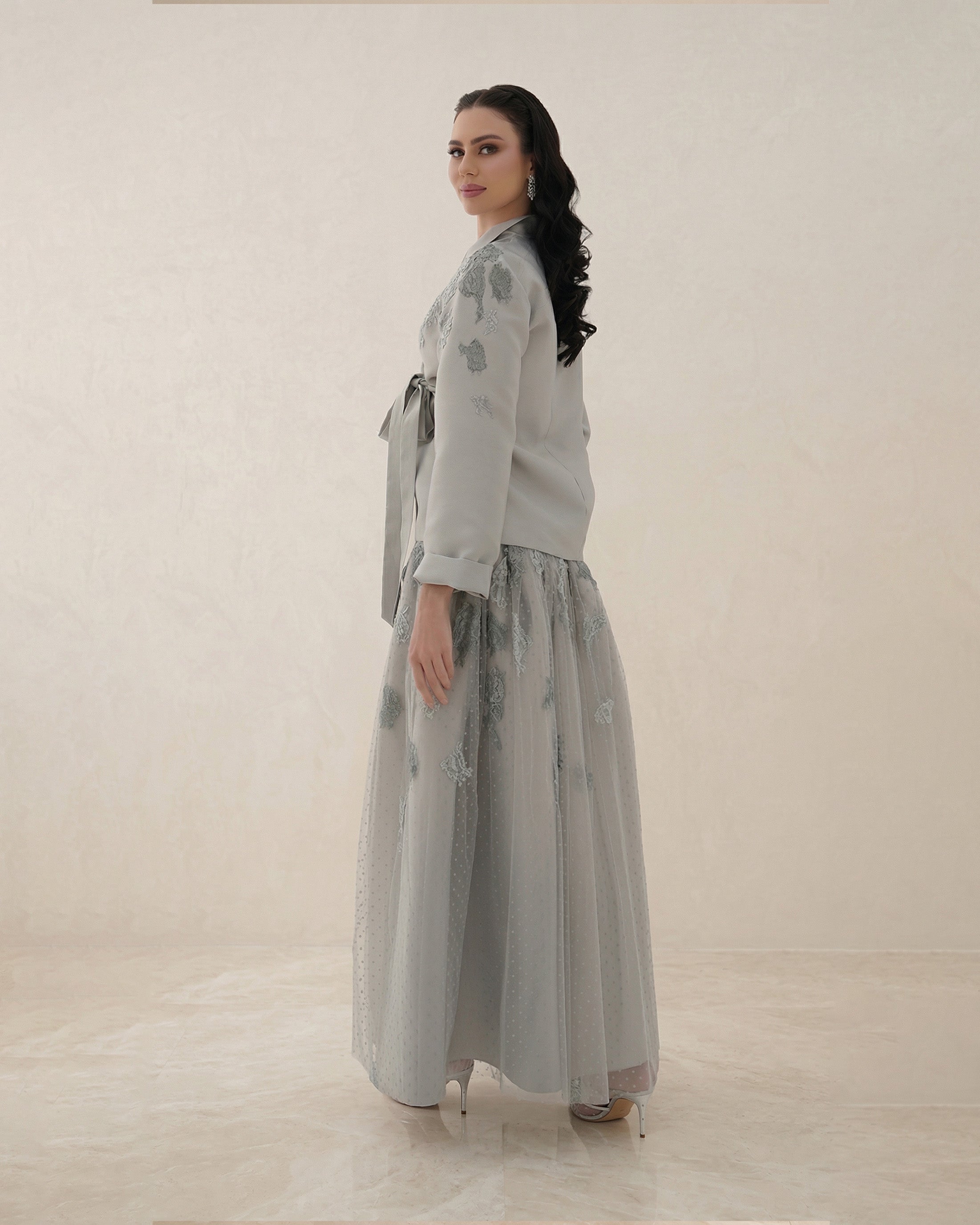 Amande Embellished Jacket & Tulle Skirt Set – Soft Grey
