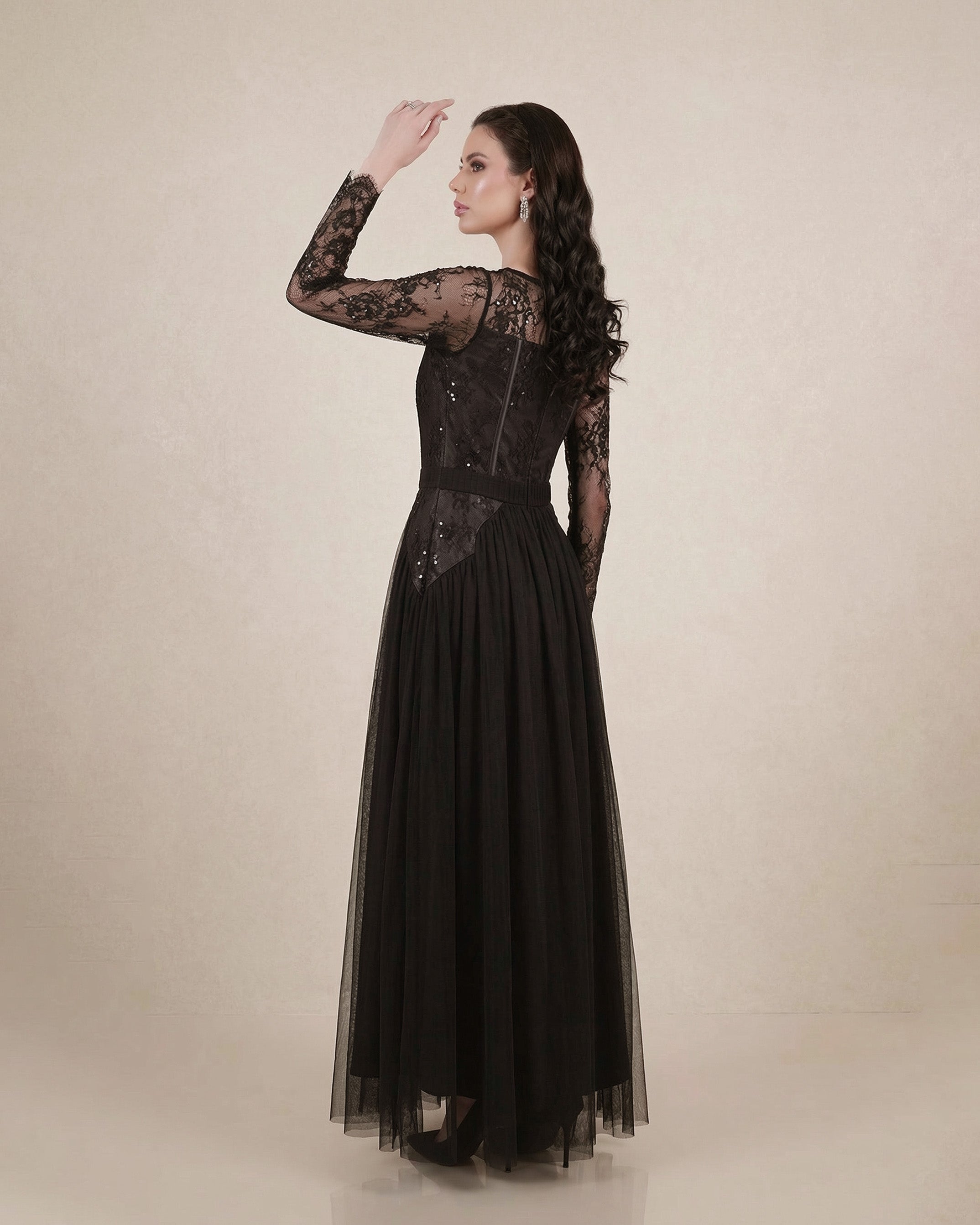 Noir Lace Embellished Maxi Dress – Black